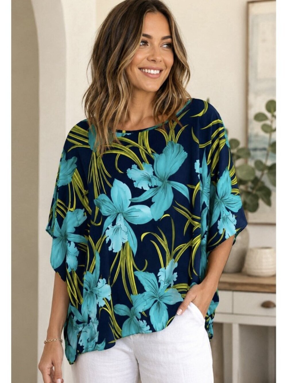 Susan Graver Floral Poncho Top Large Green Blue Blouse Beach Vacation Resort
